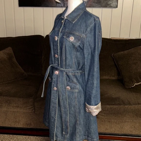 Berek • Medium • Vintage • Blue • Denim • Pink Rhinestones Buttons • Trench Coat - Picture 11 of 12
